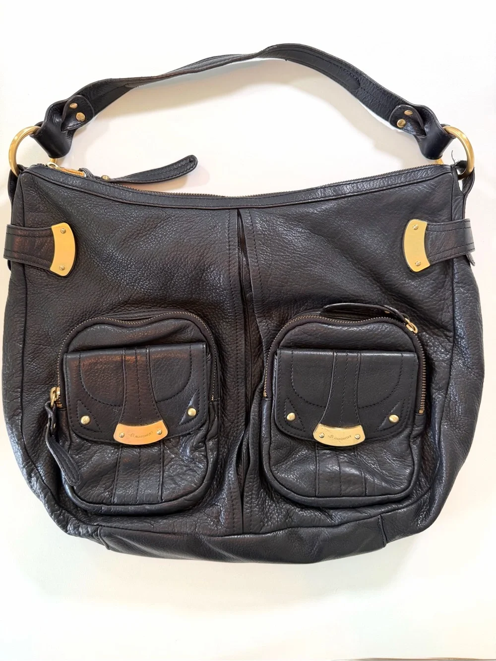 B Makowsky Black Pebbled Leather Slouchy Hobo Bag Gold Cargo Pockets